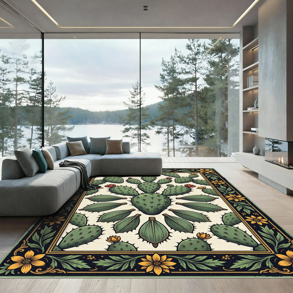 Vintage Prickly Pear Cactus Botanical Art Rug