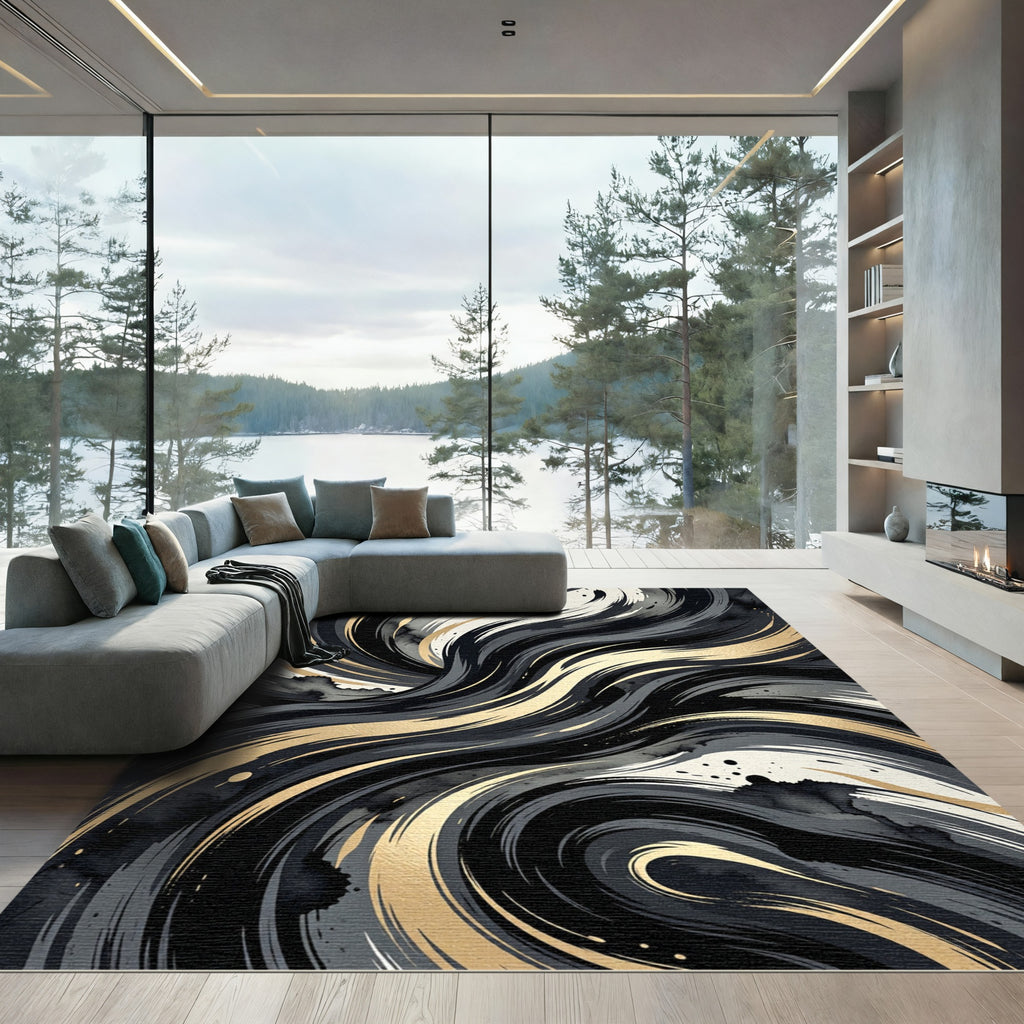 Abstract Black and Gold Swirl Rug