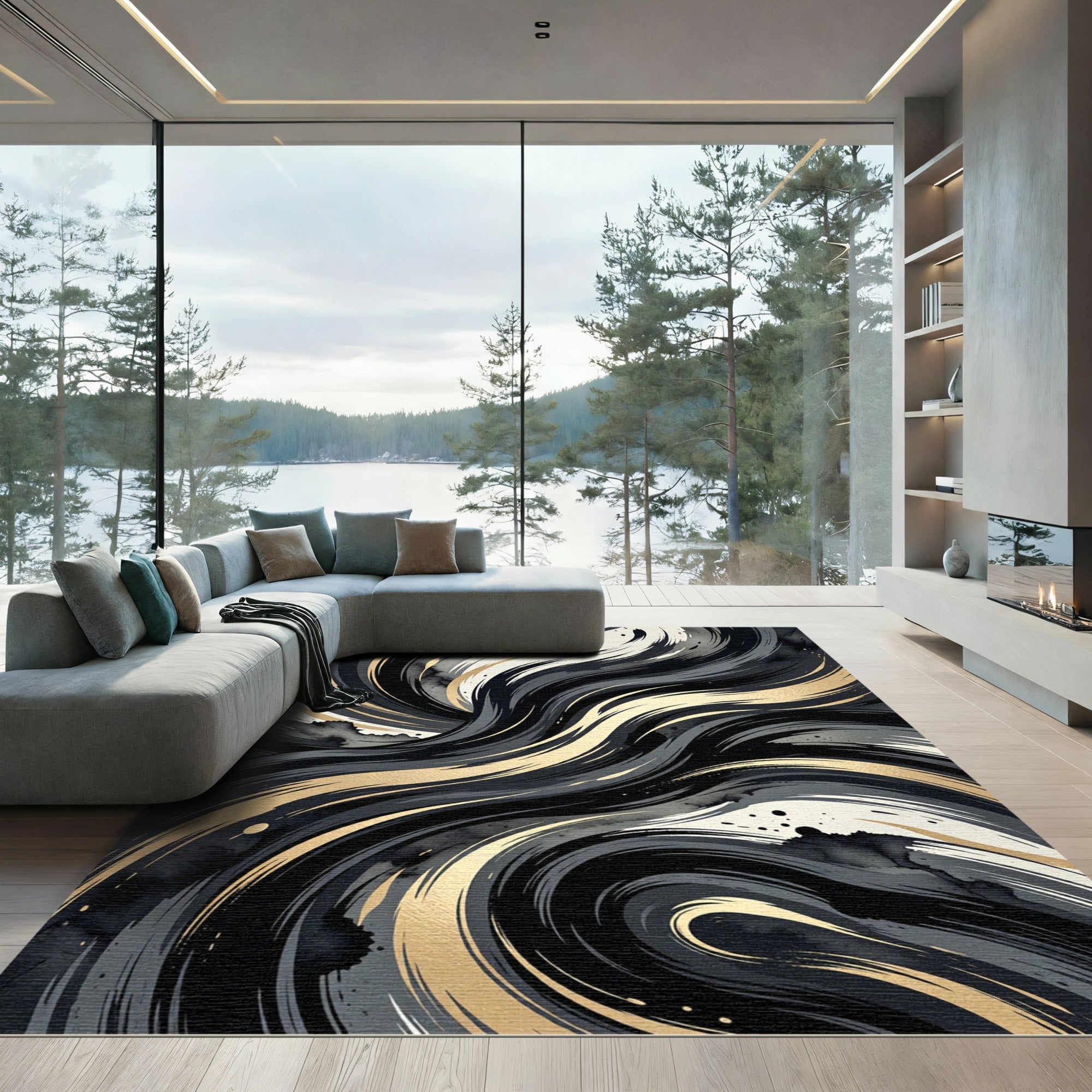 Abstract Black and Gold Swirl Rug