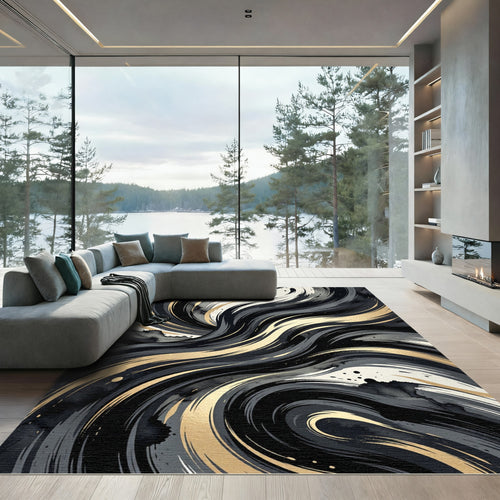 Abstract Black and Gold Swirl Rug