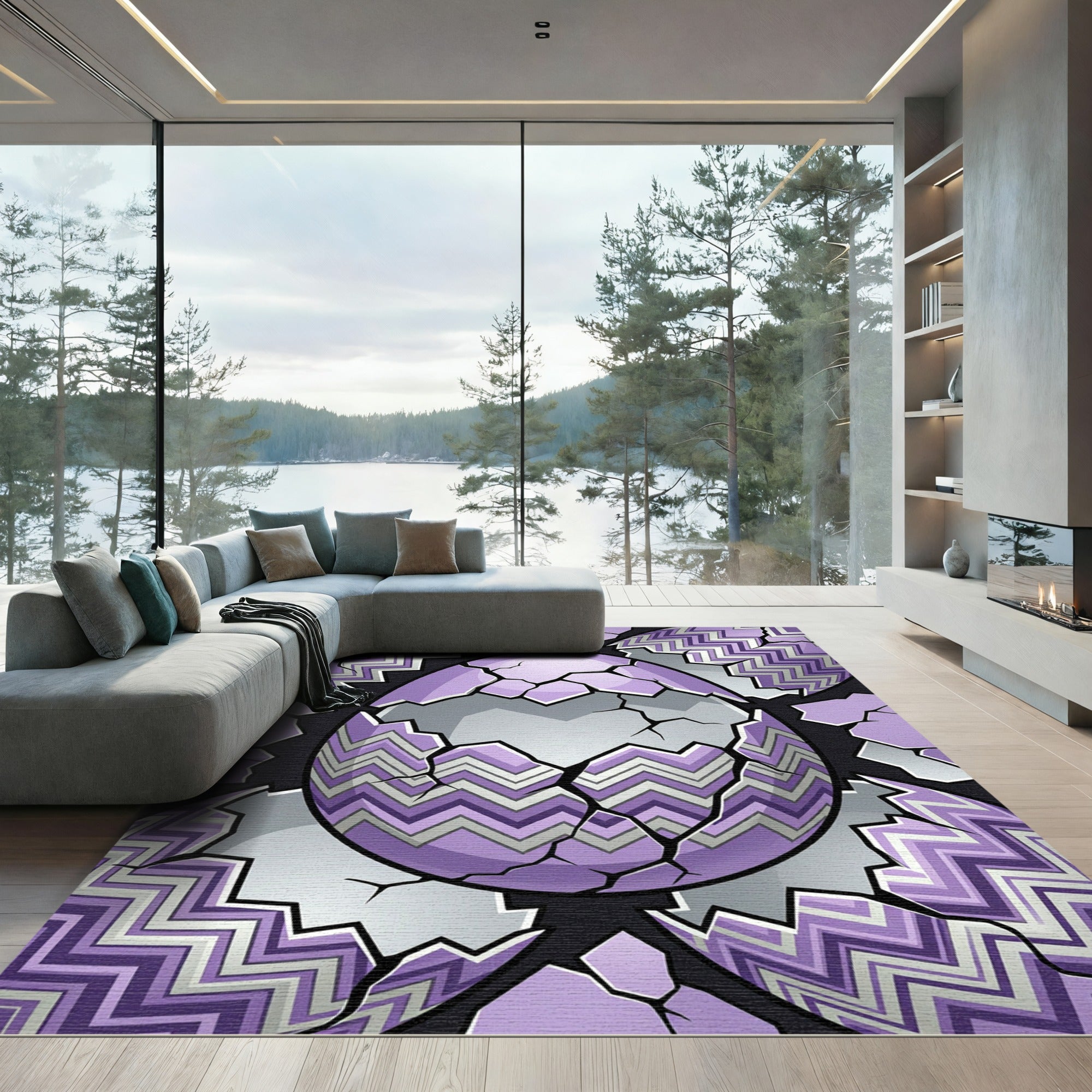 Cracked Lavender Zigzag Geometric Egg Rug