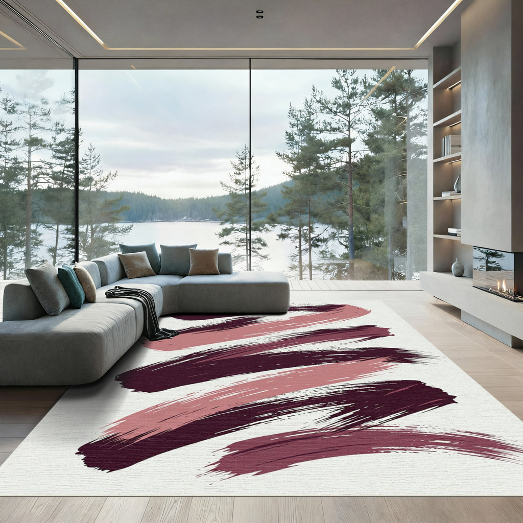 Modern Abstract Burgundy and Dusty Rose Brushstrokes Rug