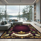 Ornate Gold Burgundy Ribbon Foliage Frame Rug