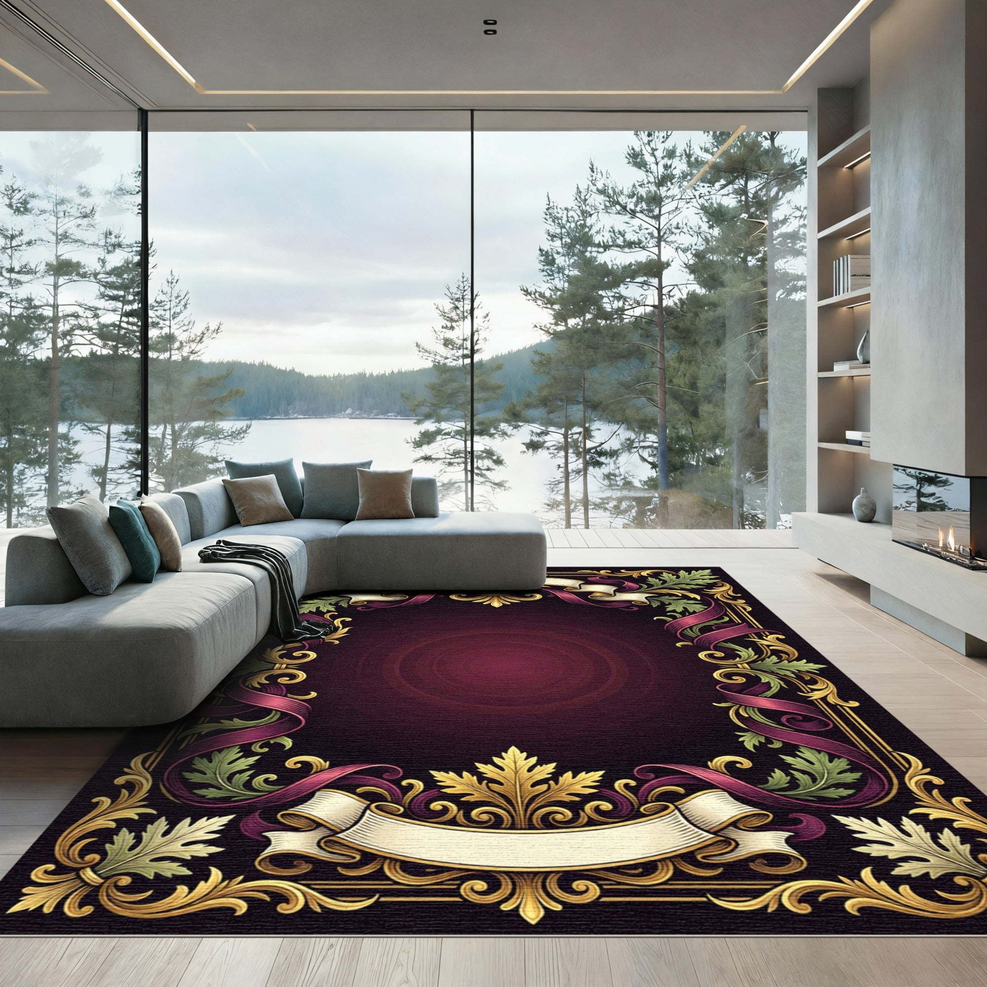 Ornate Gold Burgundy Ribbon Foliage Frame Rug