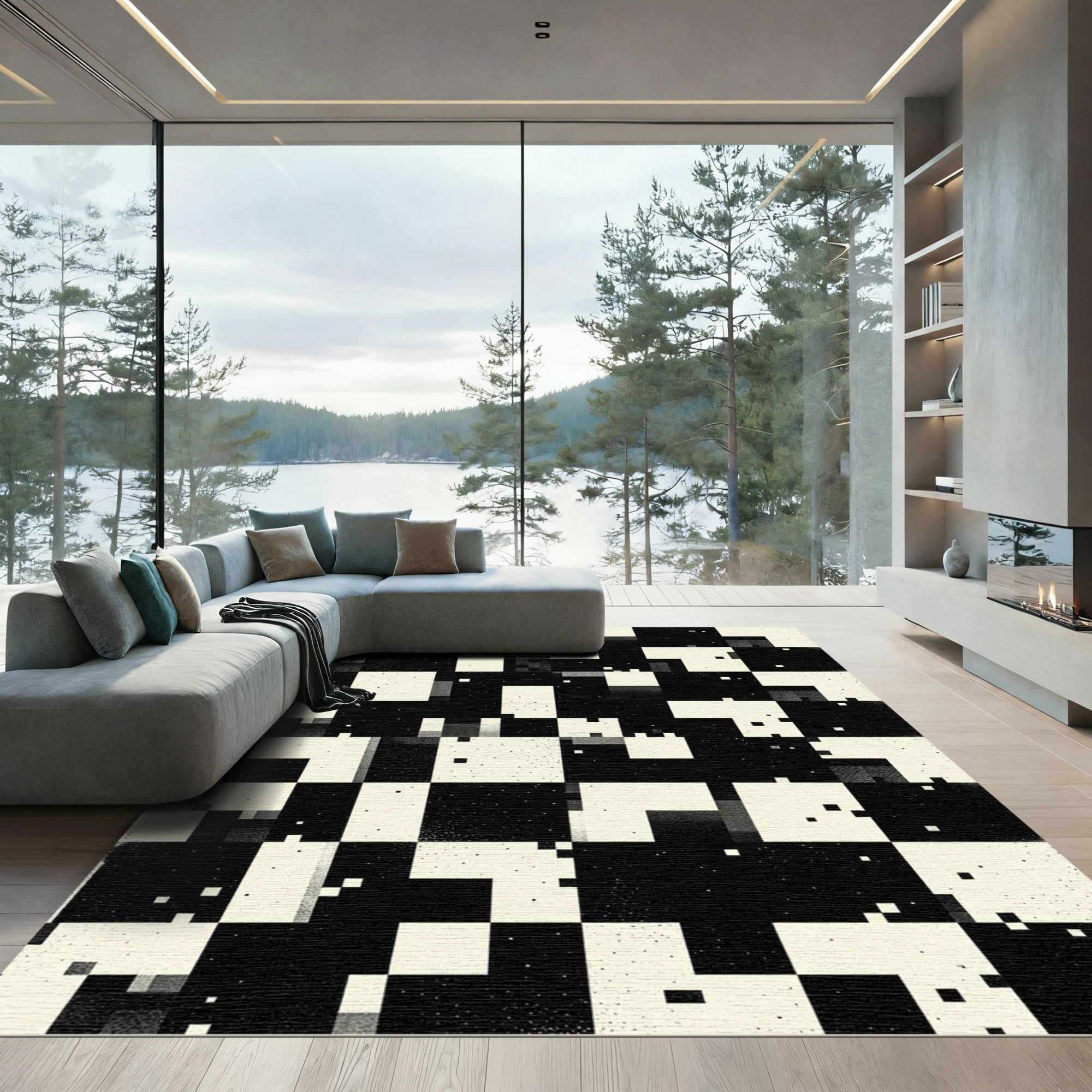 Monochrome Abstract Geometric Squares Rug