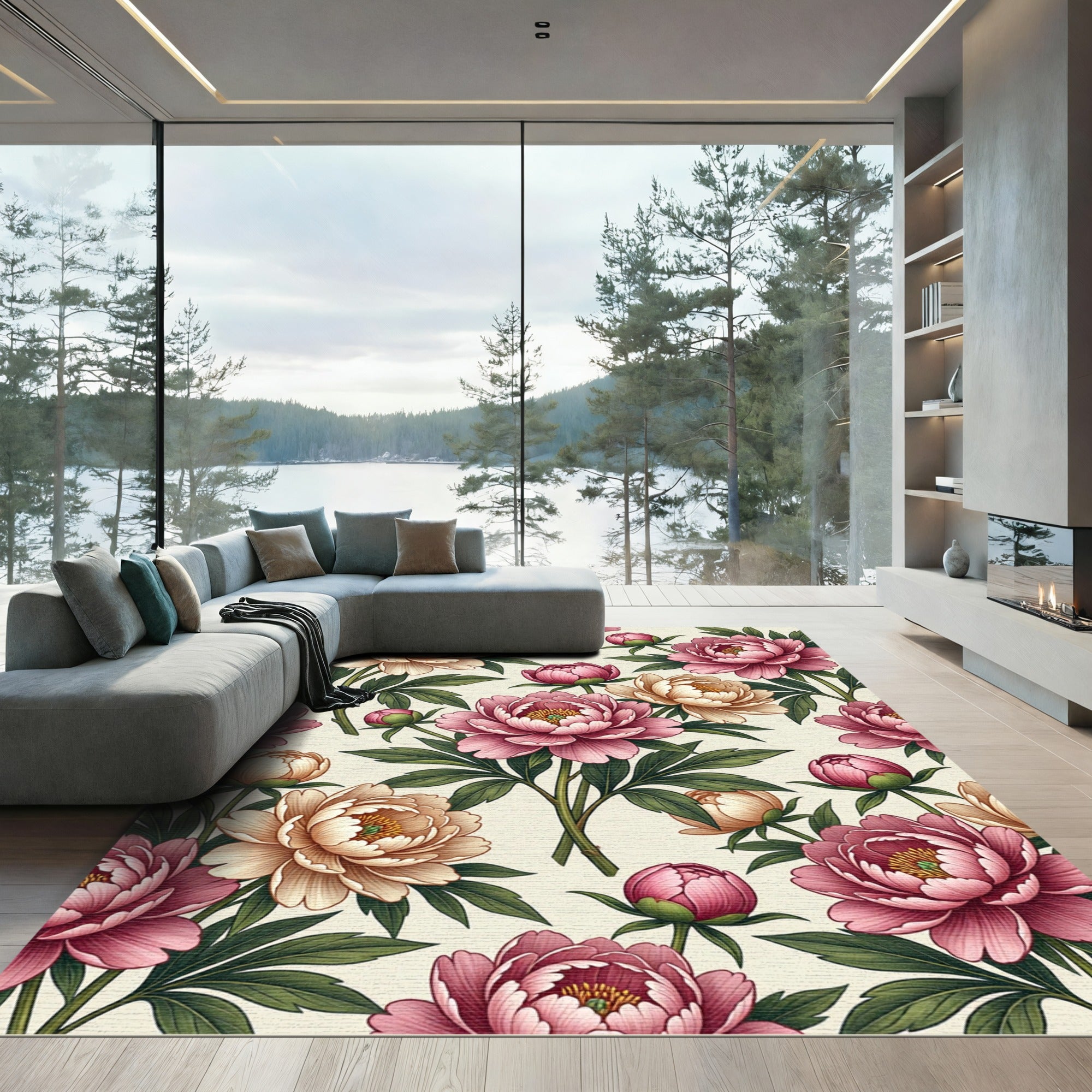 Soft Pink Peonies Floral Botanical Garden Rug