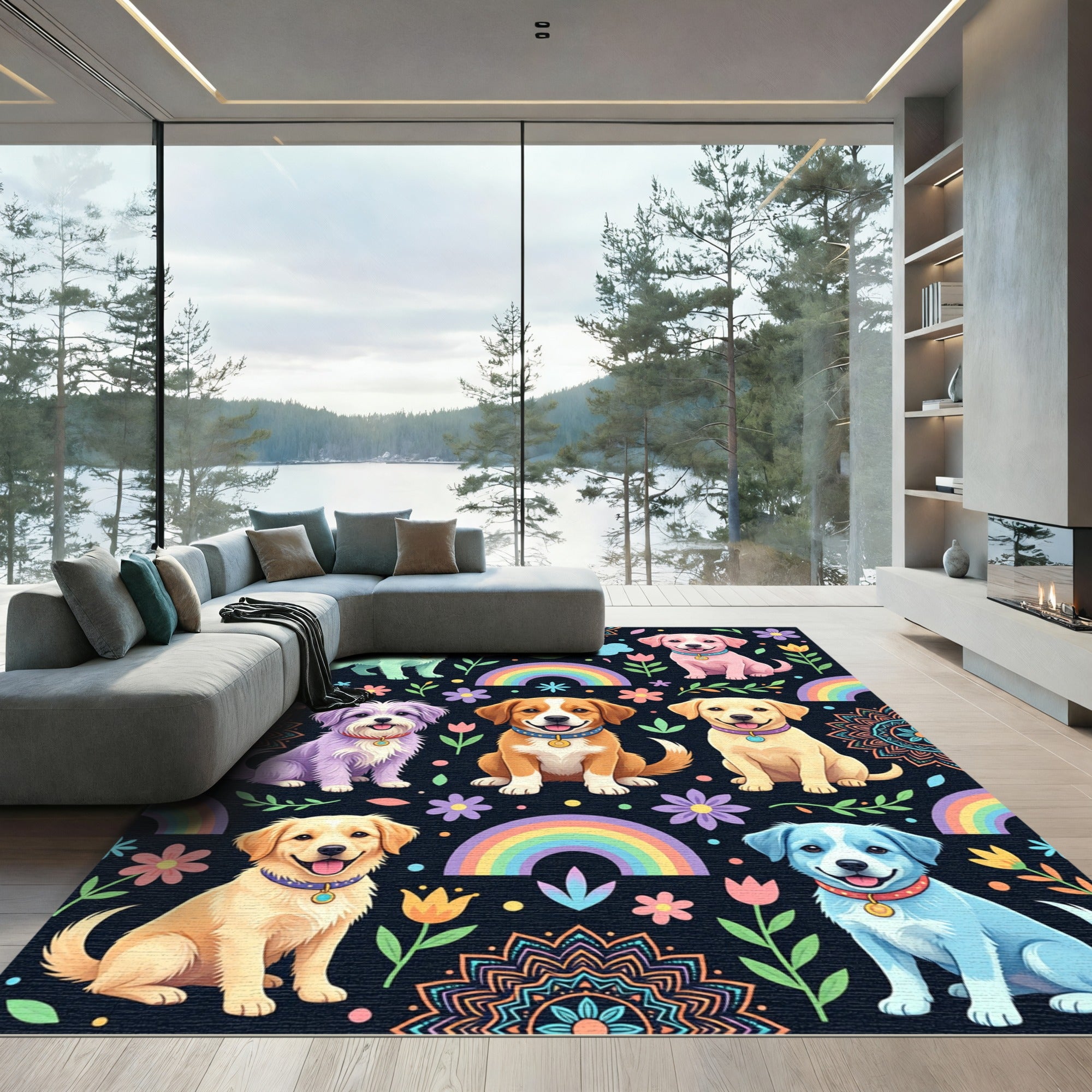 Playful Rainbow Puppy and Flower Medallion Rug