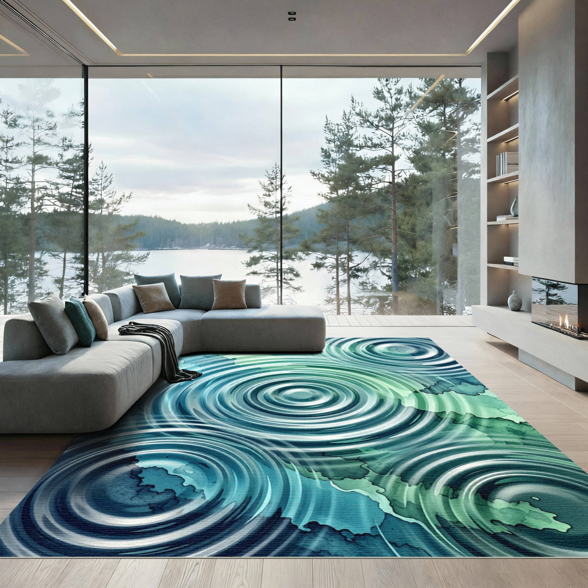 Serene Teal Concentric Ripples Abstract Rug