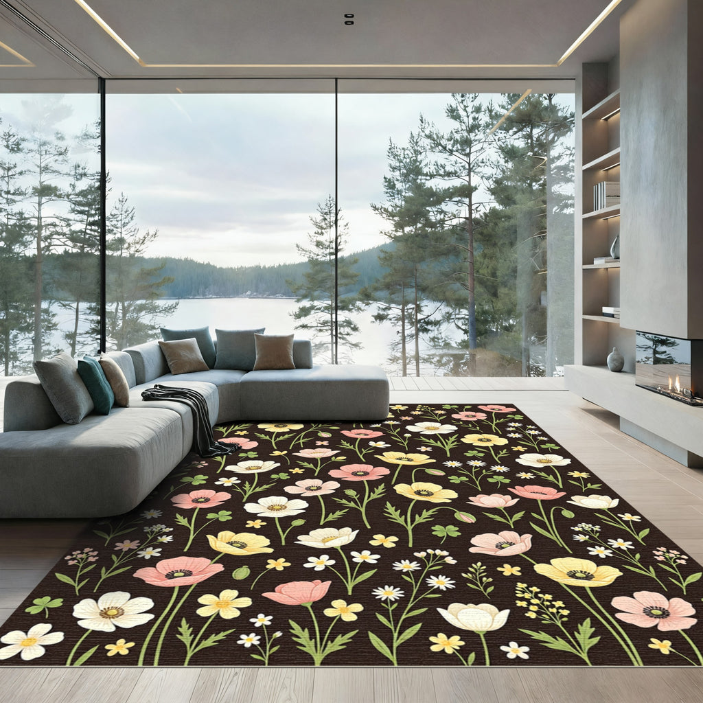 Pink Yellow White Floral Field Meadow Rug