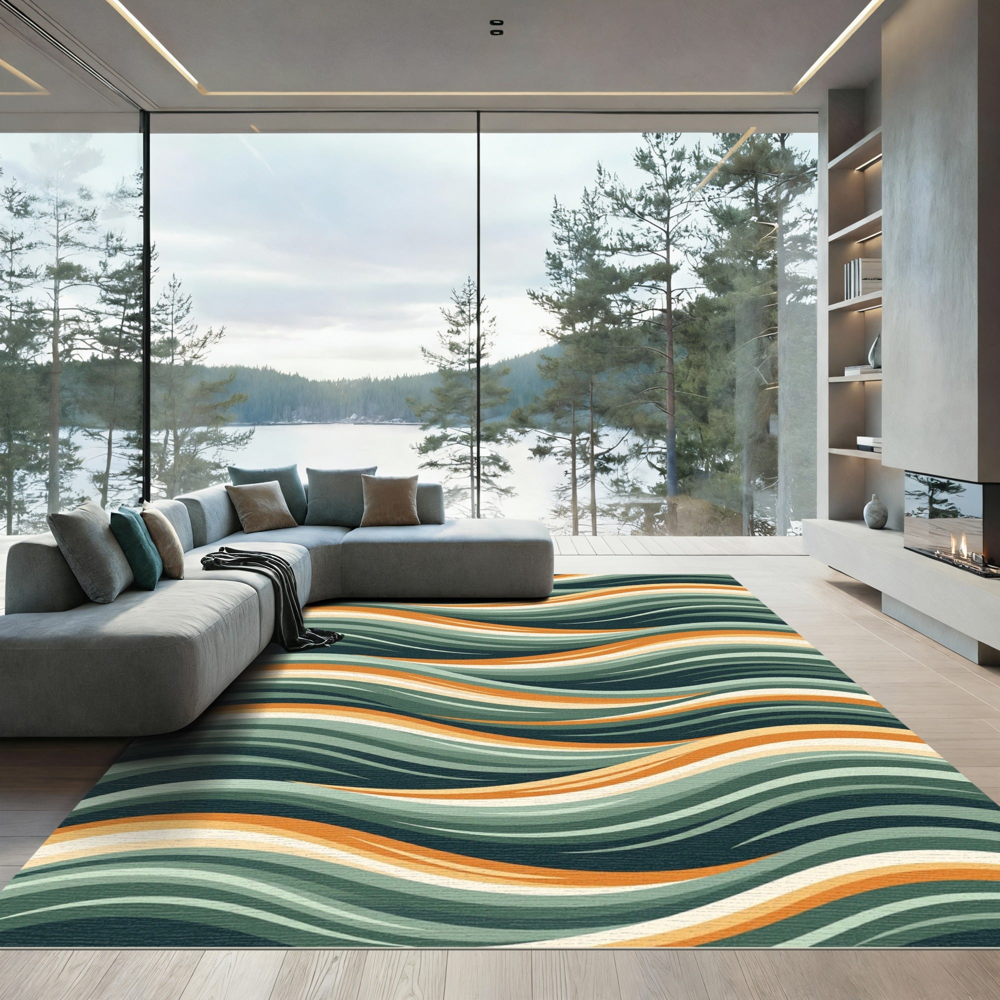 Abstract Swirl Teal Orange waves Rug