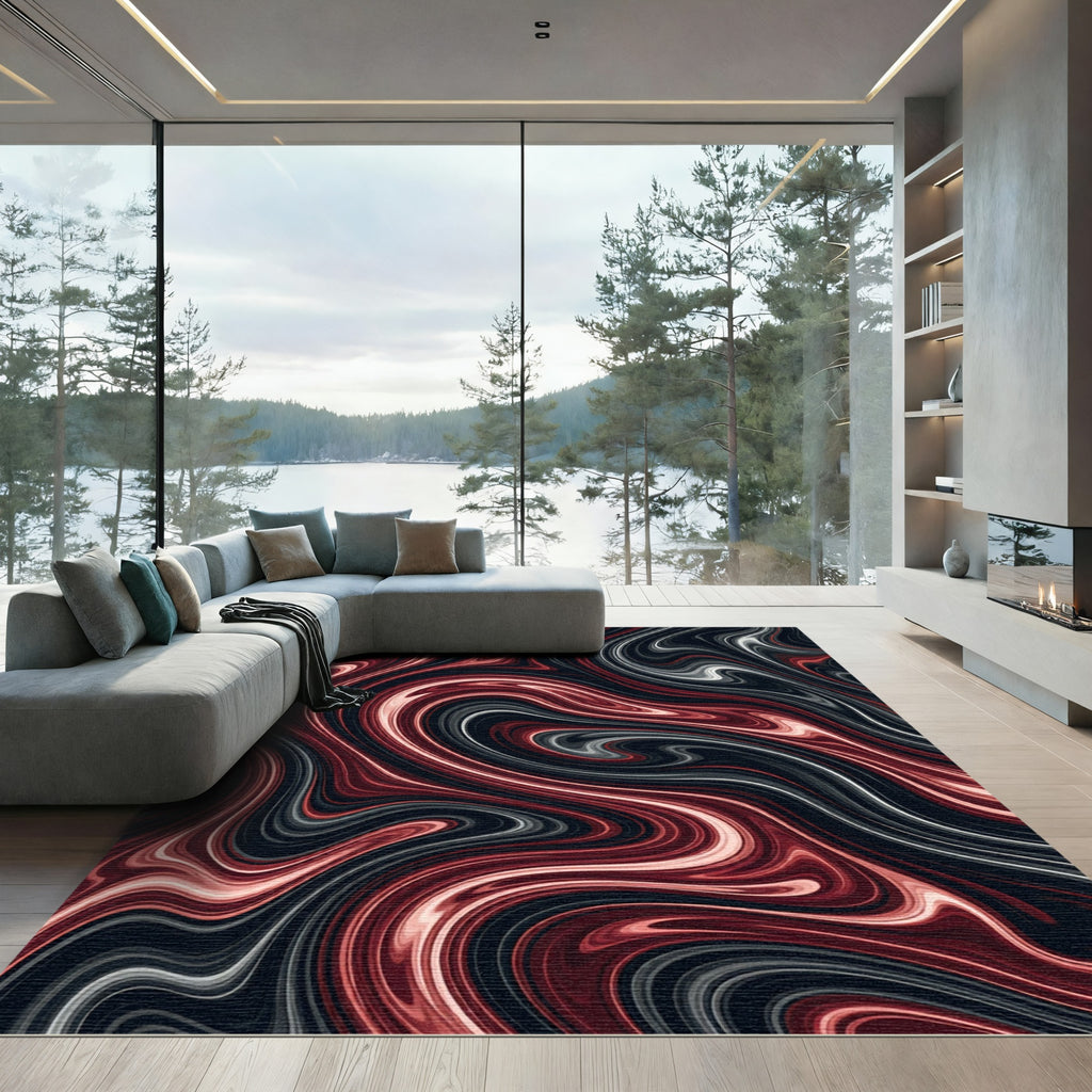 Crimson Black Marble Swirl Rug