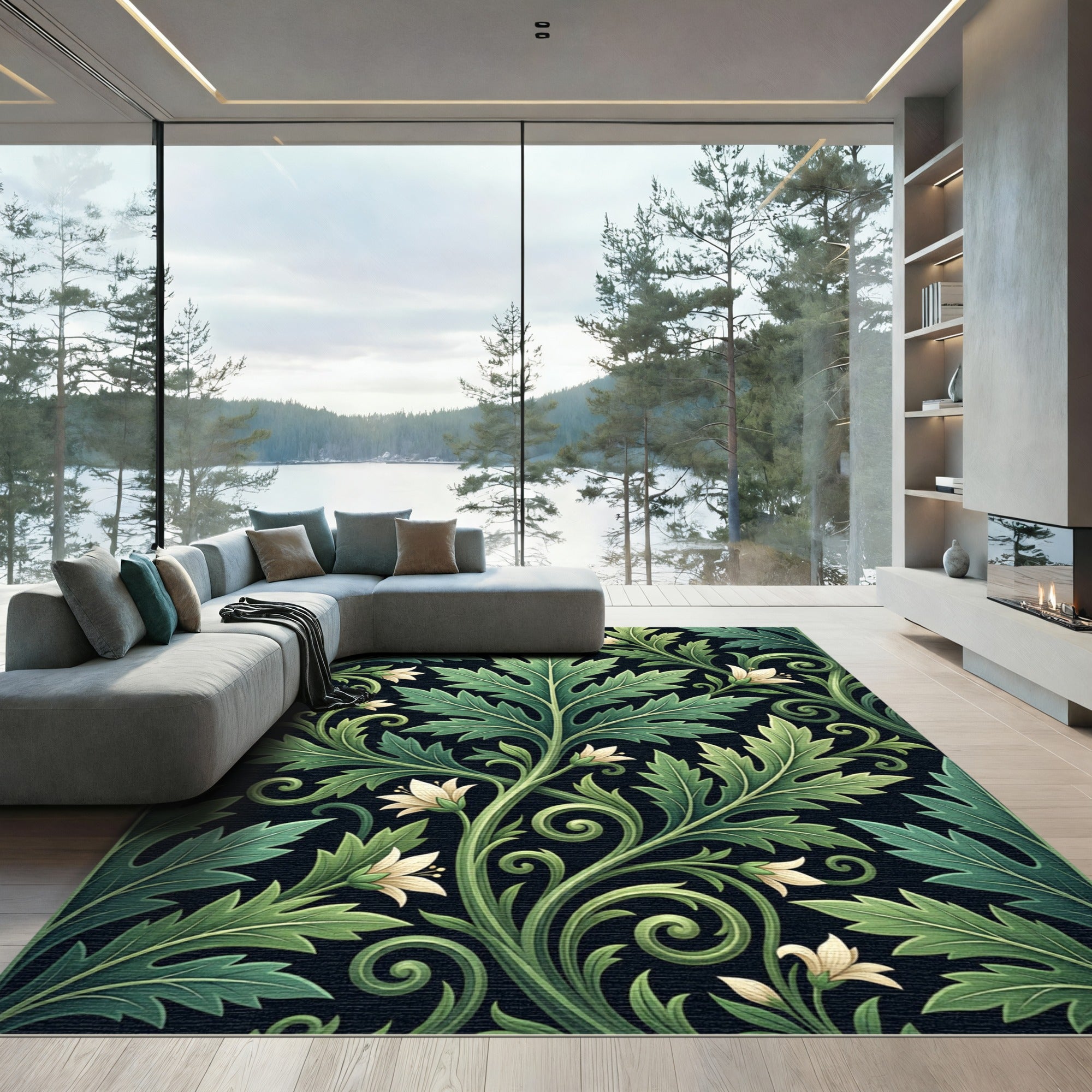 Verdant Botanical Acanthus Leaf Swirl Rug