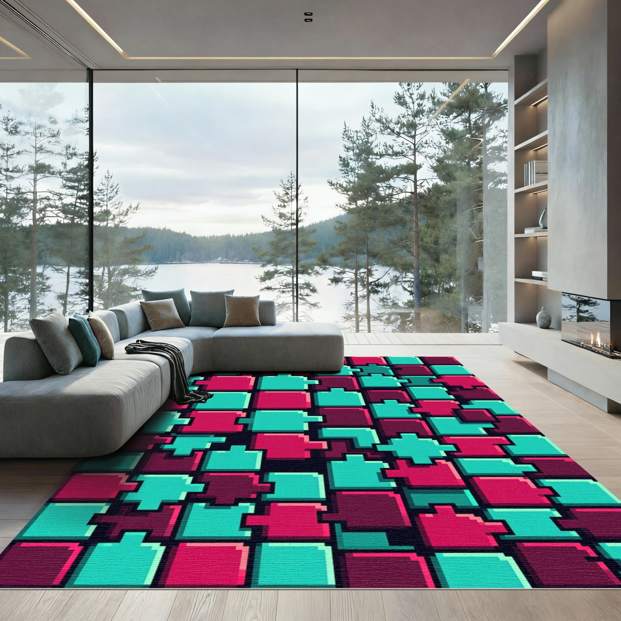 Geometric Pixel Art Teal Magenta Blocks Rug