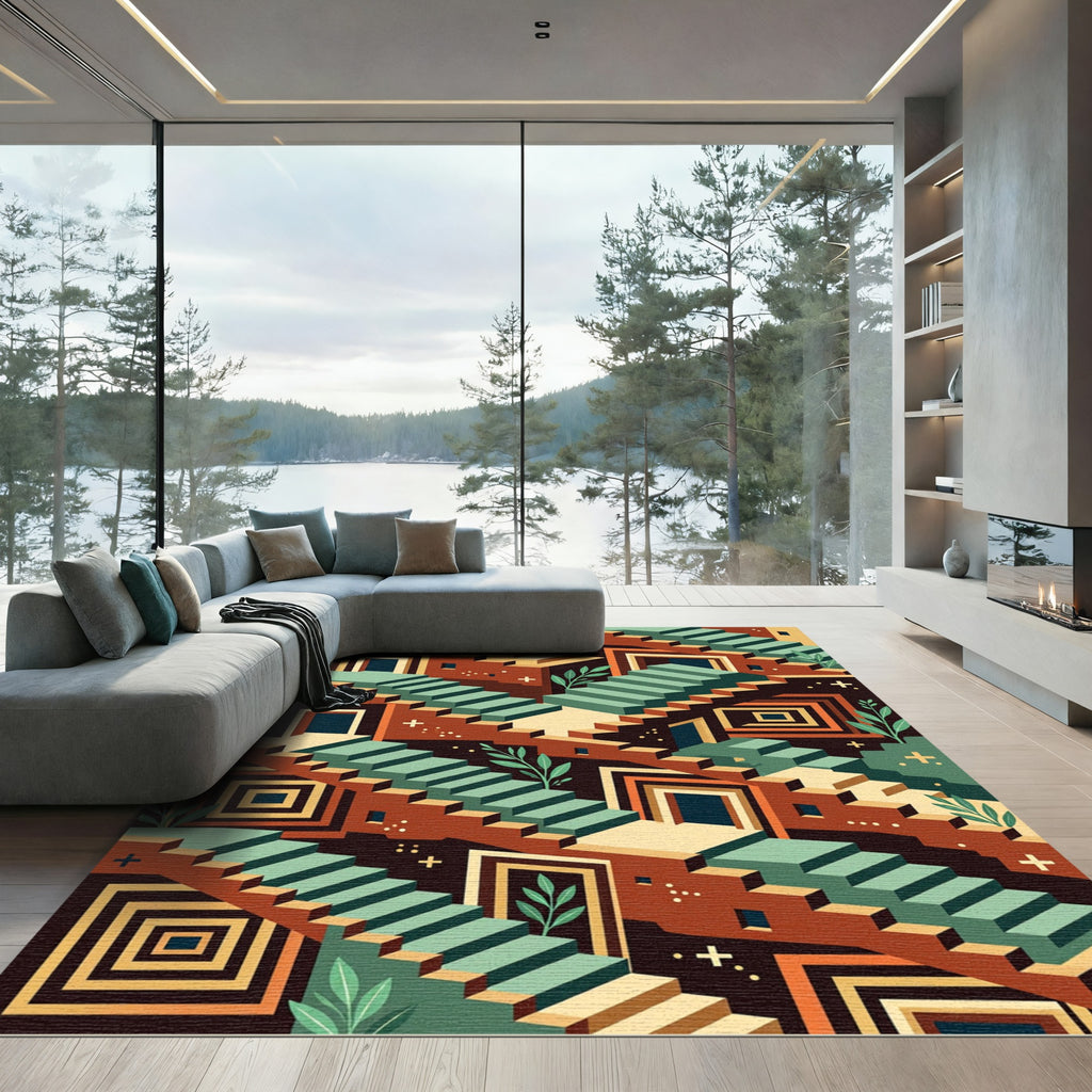 Geometric Isometric Earth Tone Staircase Rug
