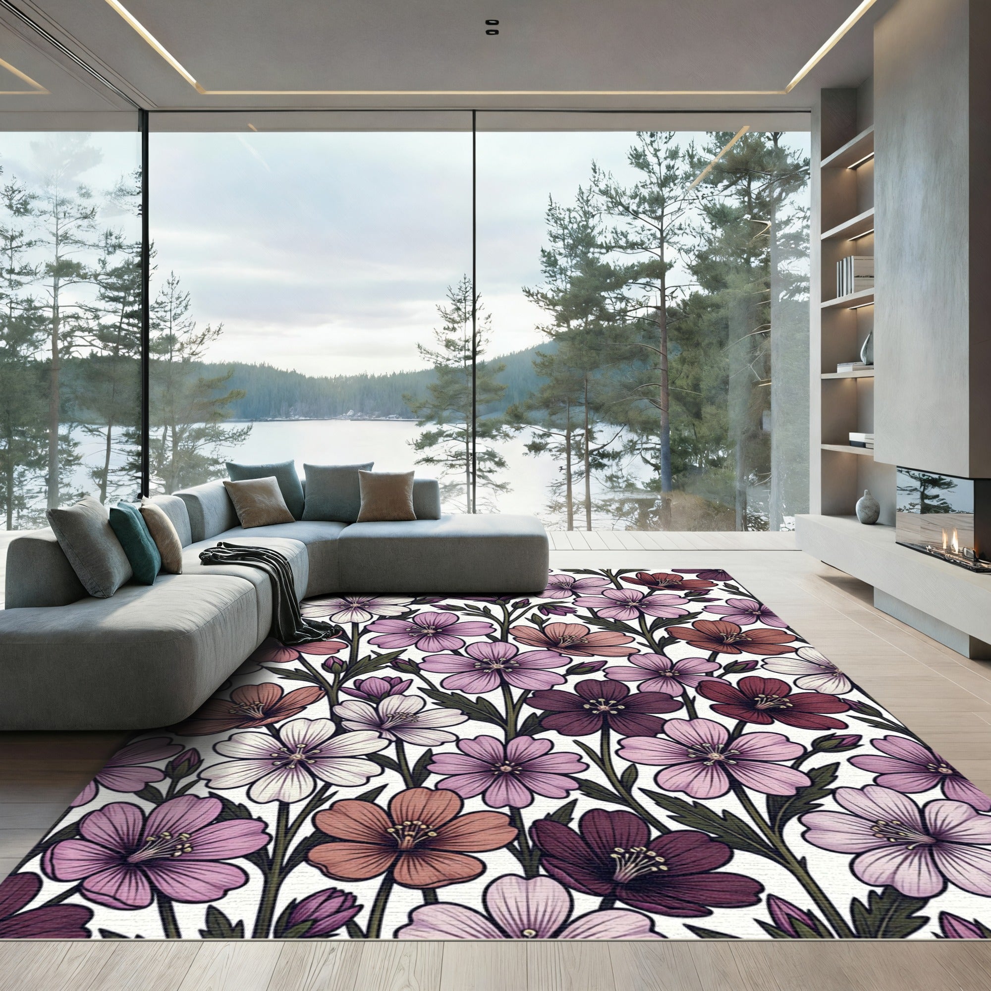 Muted Floral Garden Bloom Arrangement Rug