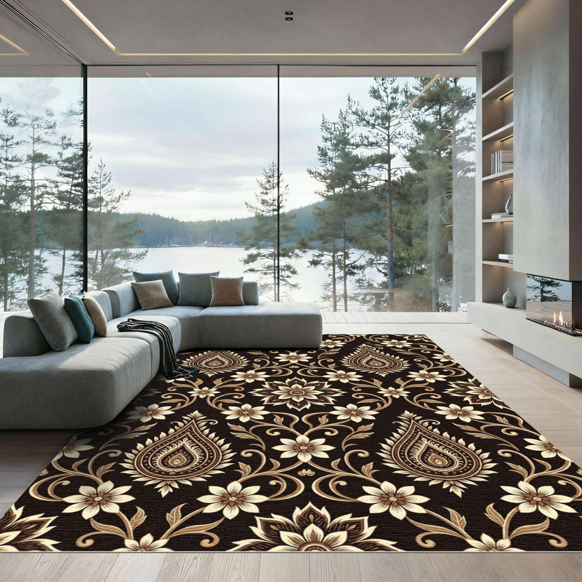 Elegant Black Gold Floral Paisley Rug