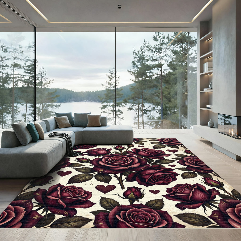 Romantic Deep Red Rose Heart Arrangement Rug