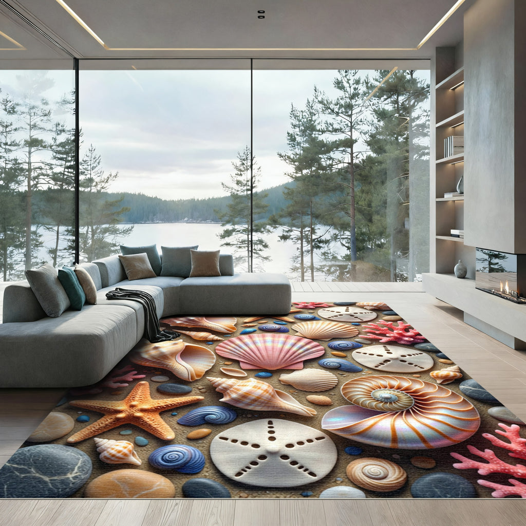 Coastal Seashell and Starfish Beach Art Rug