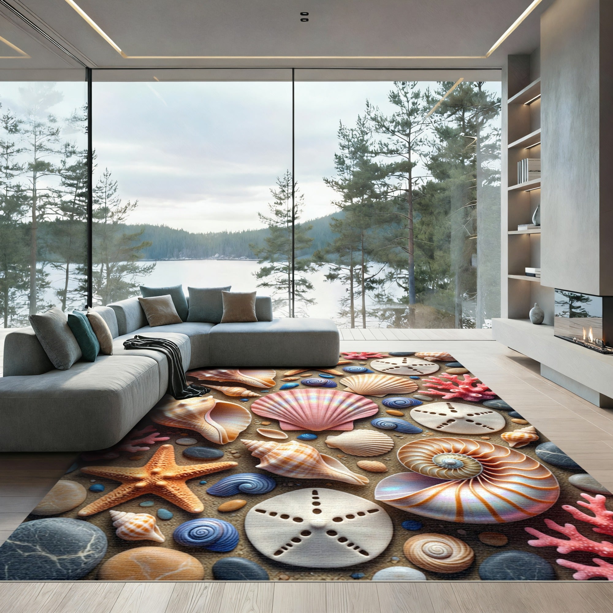 Coastal Seashell and Starfish Beach Art Rug