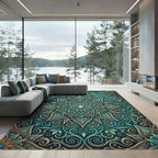 Teal and Gold Ornate Floral Mandala Rug