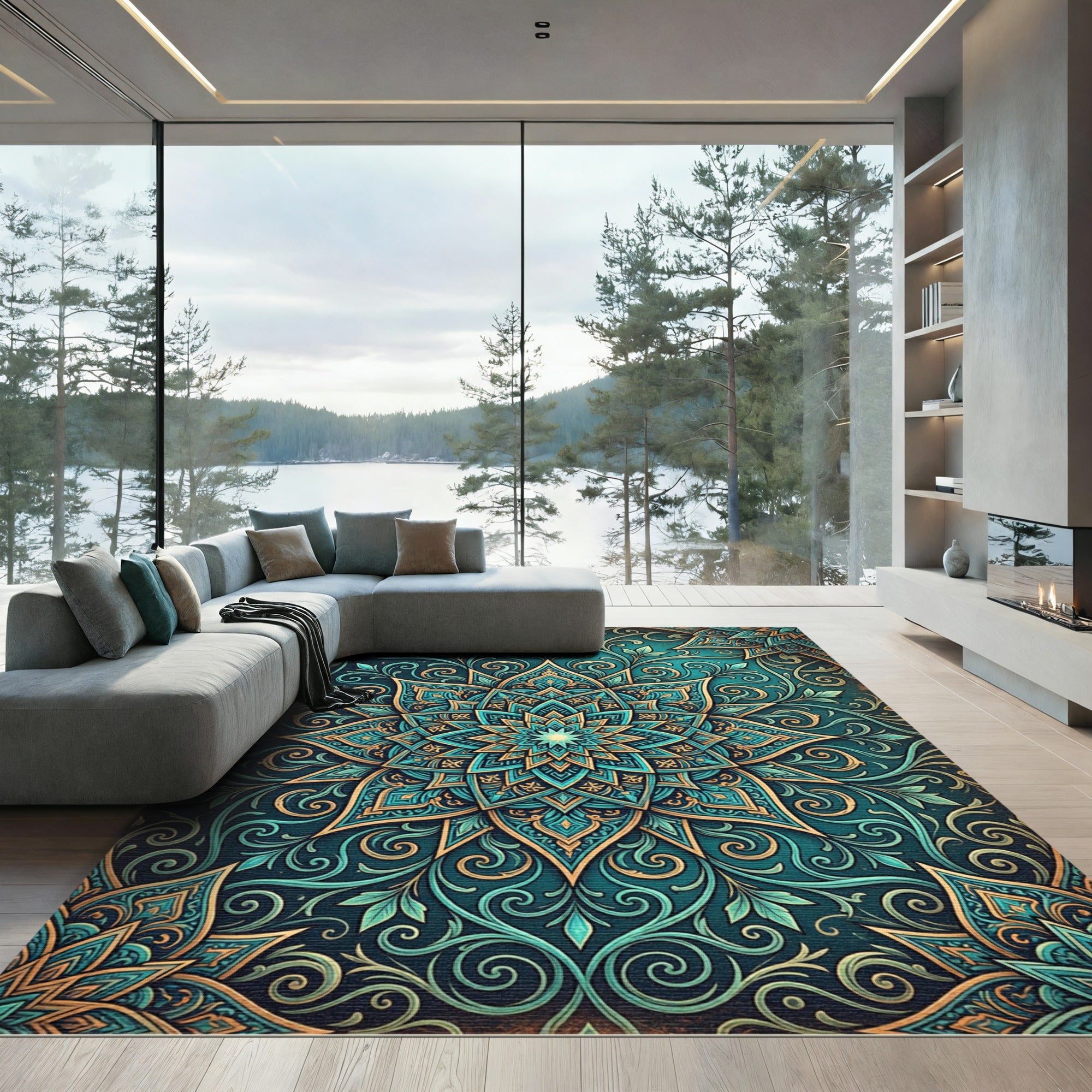 Teal and Gold Ornate Floral Mandala Rug