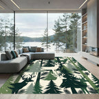Forest Deer Woodland Silhouette Green Cream Rug