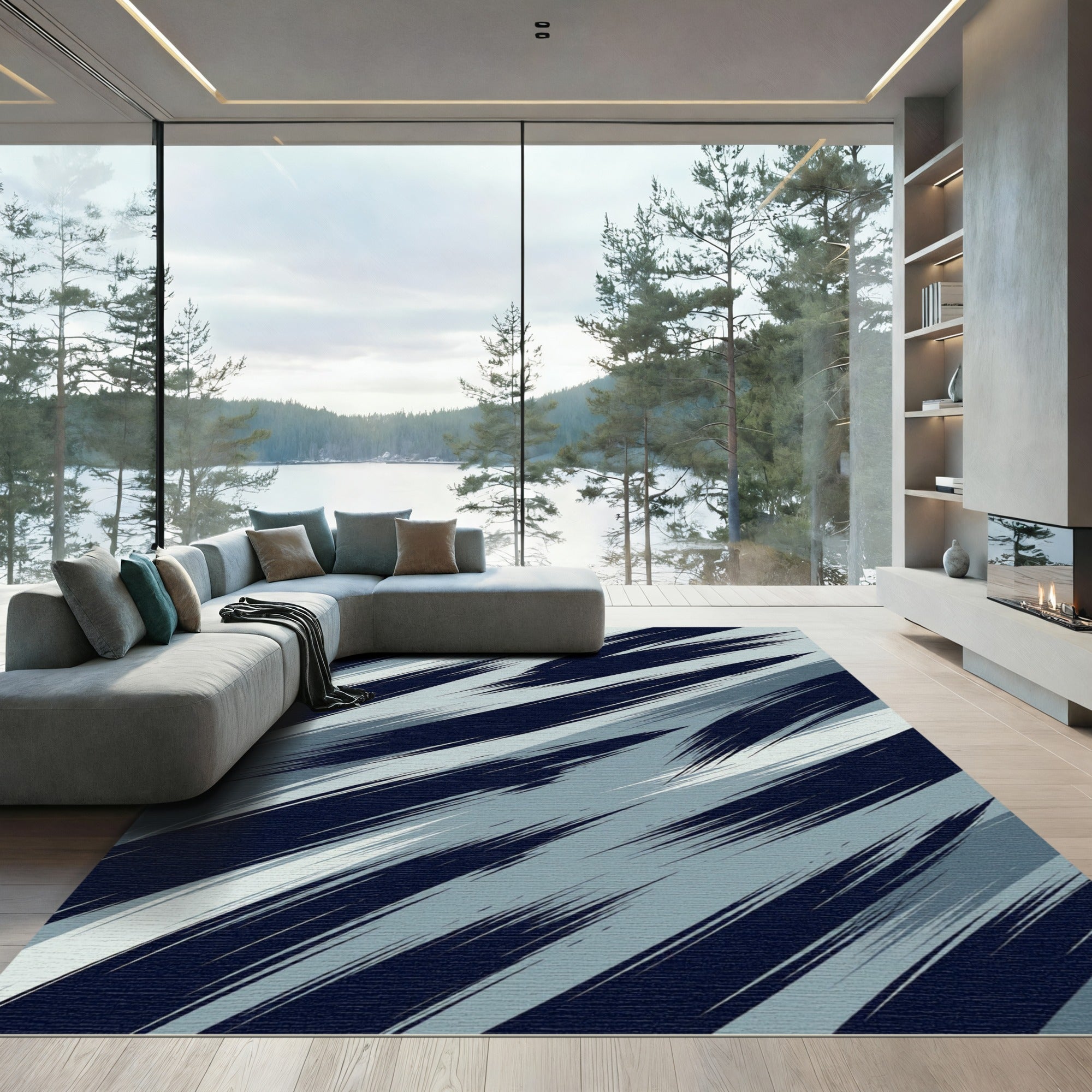 Abstract Navy Blue Grunge Strokes Rug