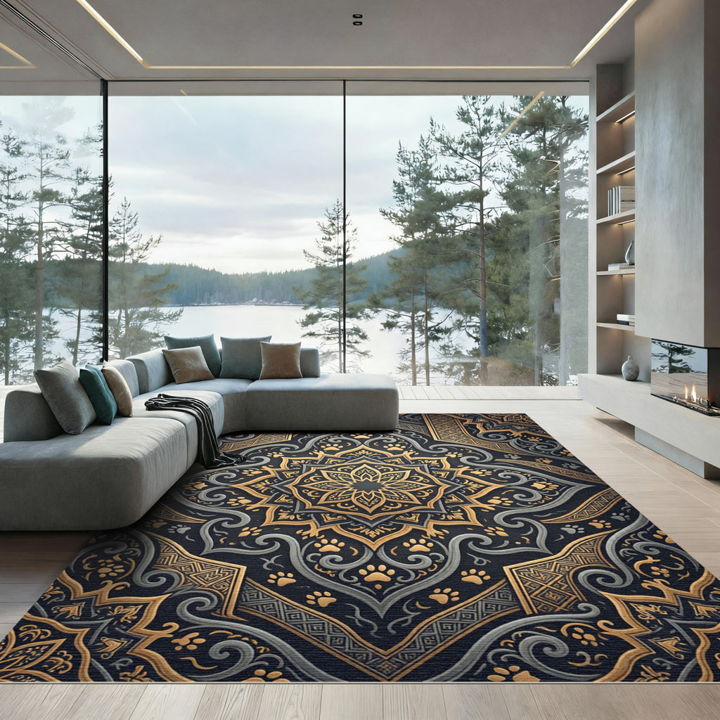 Ornate Golden Paw Medallion Midnight Tapestry Rug