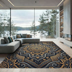 Ornate Golden Paw Medallion Midnight Tapestry Rug