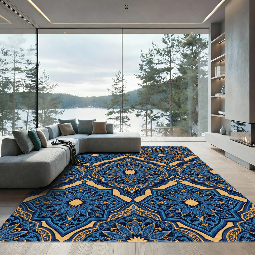 Royal Blue Damask Gold Mandala Rug
