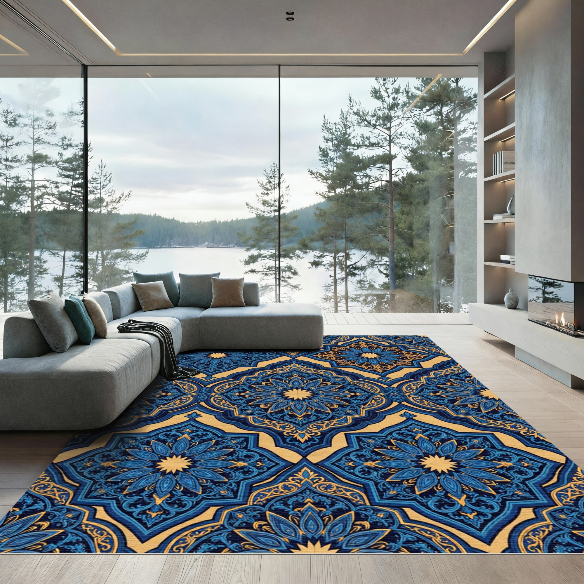 Royal Blue Damask Gold Mandala Rug