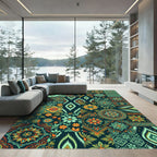 Teal Orange Floral Patchwork Square Rug