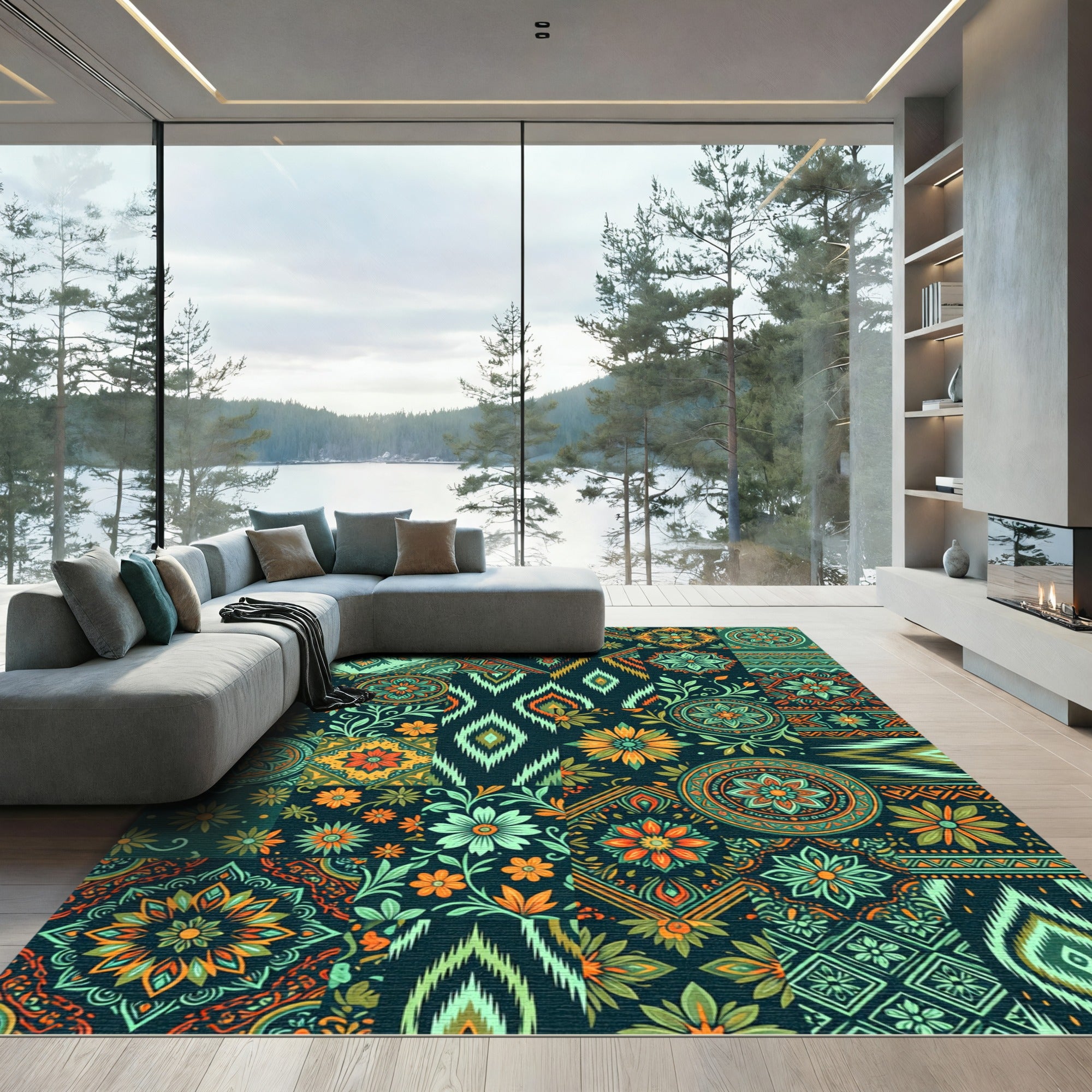 Teal Orange Floral Patchwork Square Rug