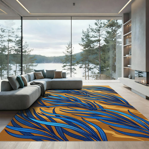 Abstract Blue Grass on Ochre Rug