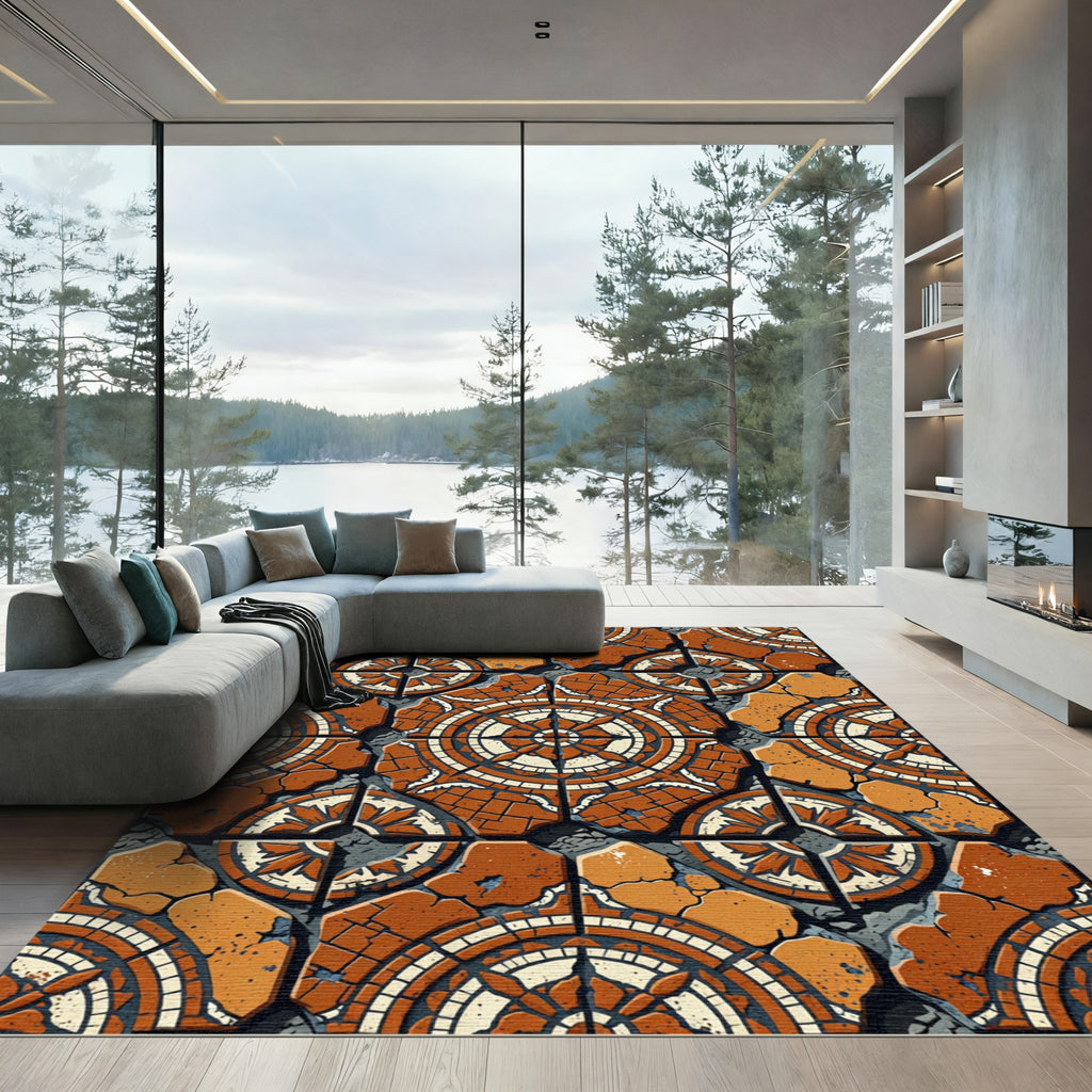 Terracotta Medallion Cracked Tile Rug
