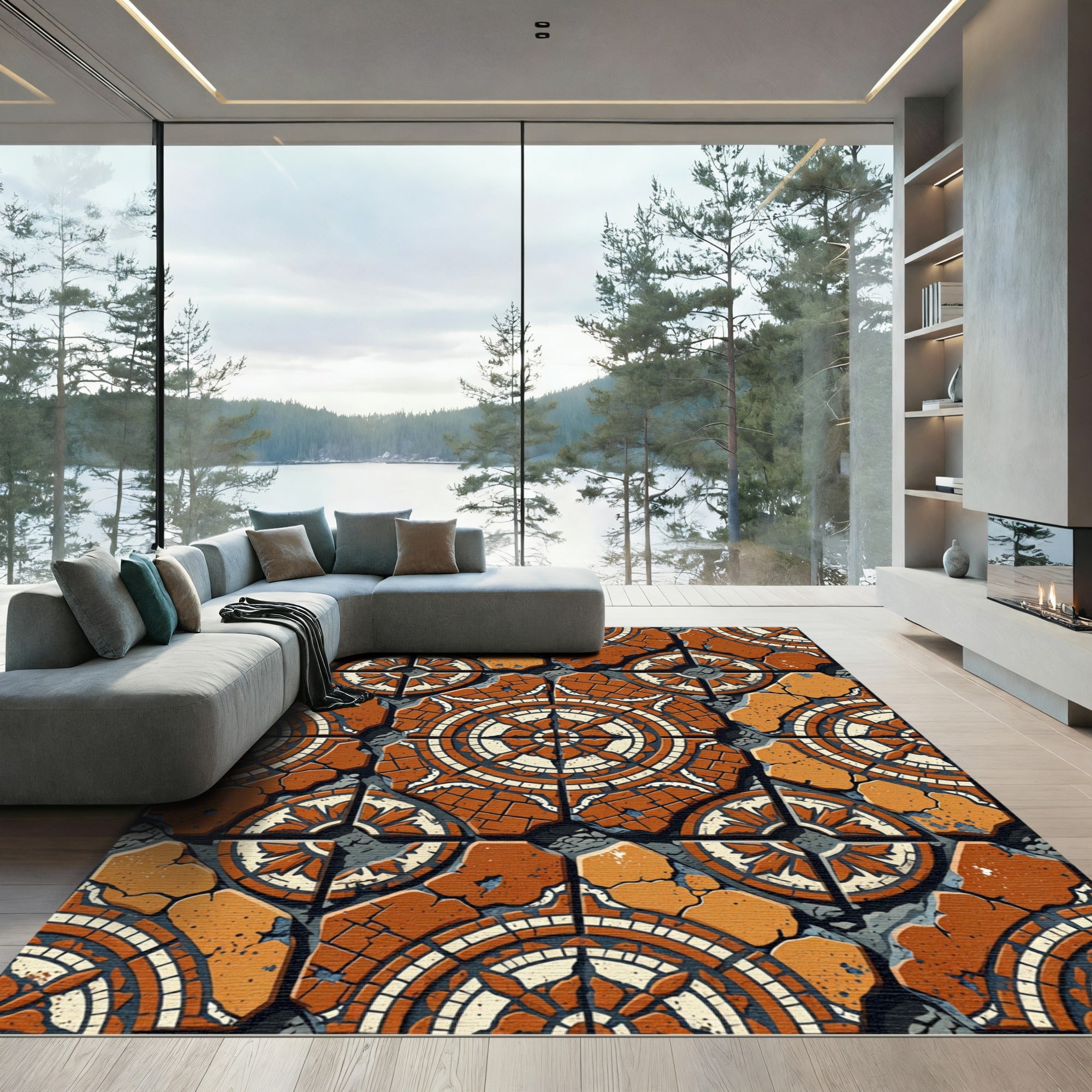Terracotta Medallion Cracked Tile Rug