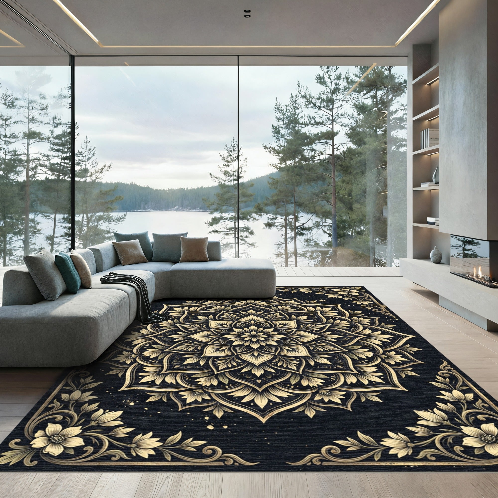 Ornate Gold Floral Mandala Ebony Backdrop Rug