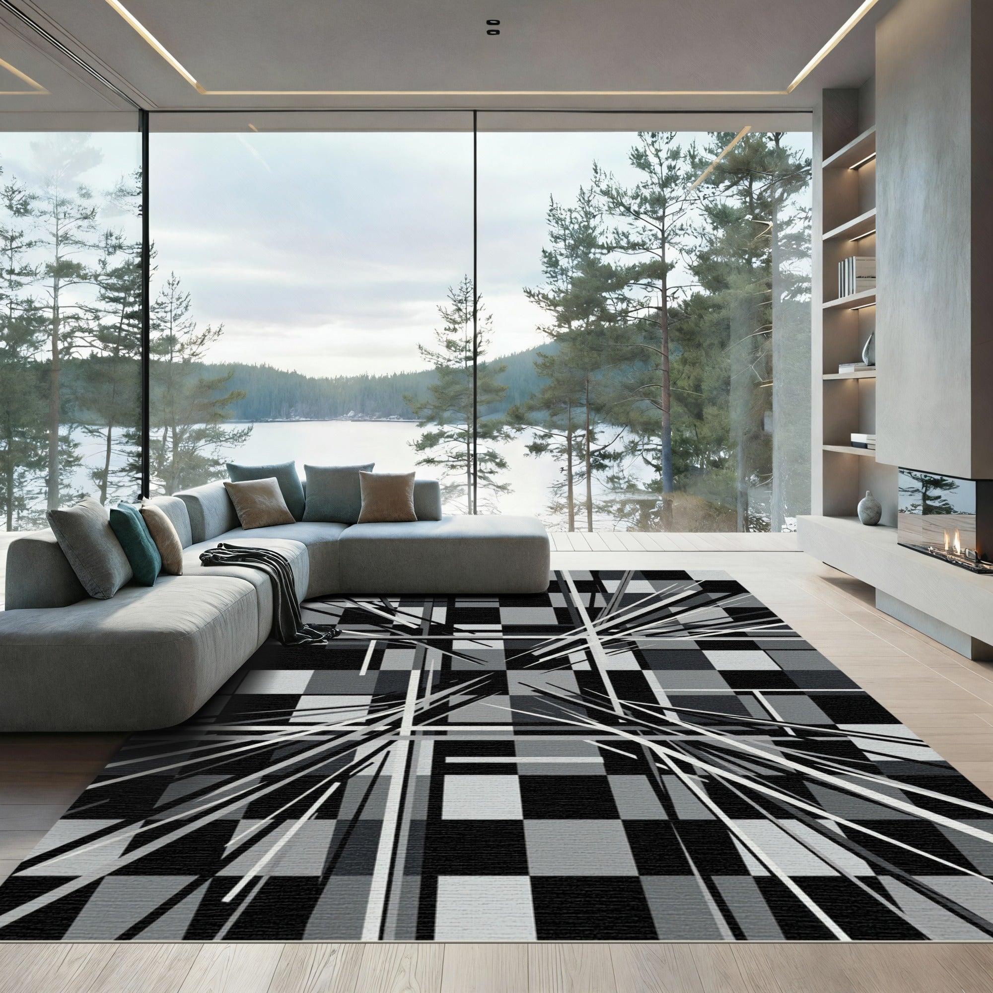 Modern Monochrome Geometric Linear Abstract Rug