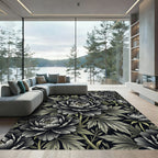 Monochromatic Botanical Peony Charcoal Floral Rug