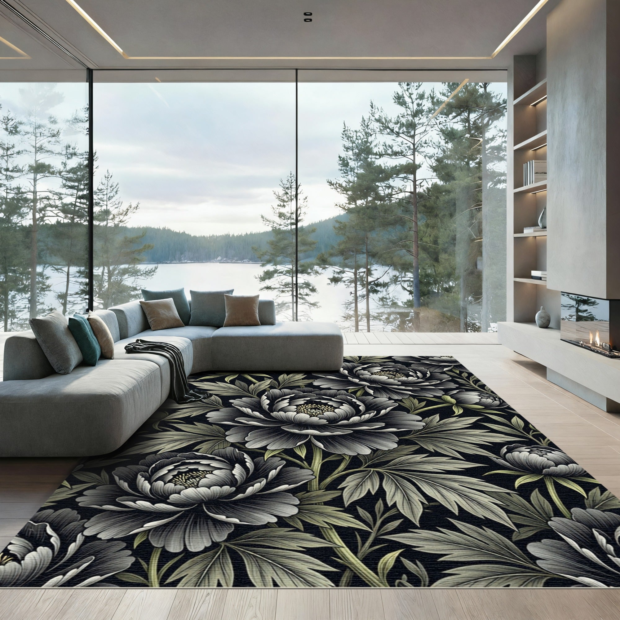 Monochromatic Botanical Peony Charcoal Floral Rug