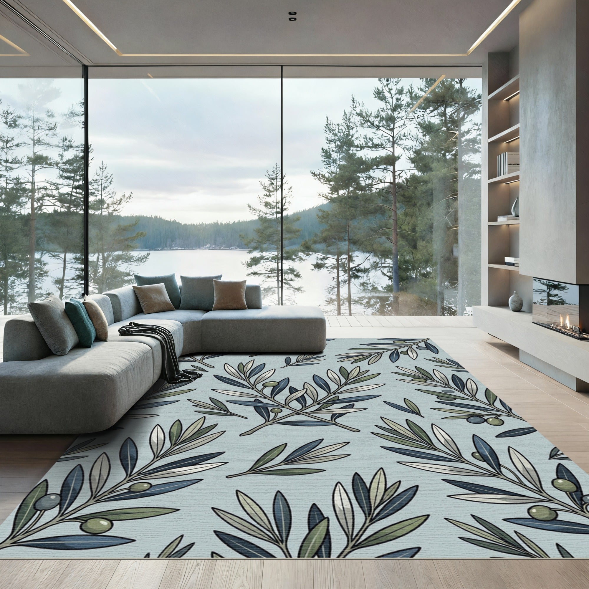 Sage Olive Branch Botanical Illustration Rug