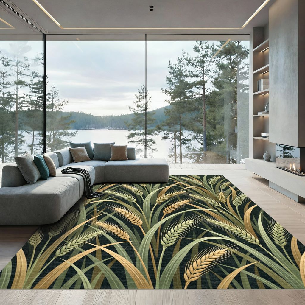 Golden Wheat Stalks Botanical Illustration Rug