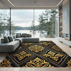 Ornate Gold Black Damask Scroll Rug