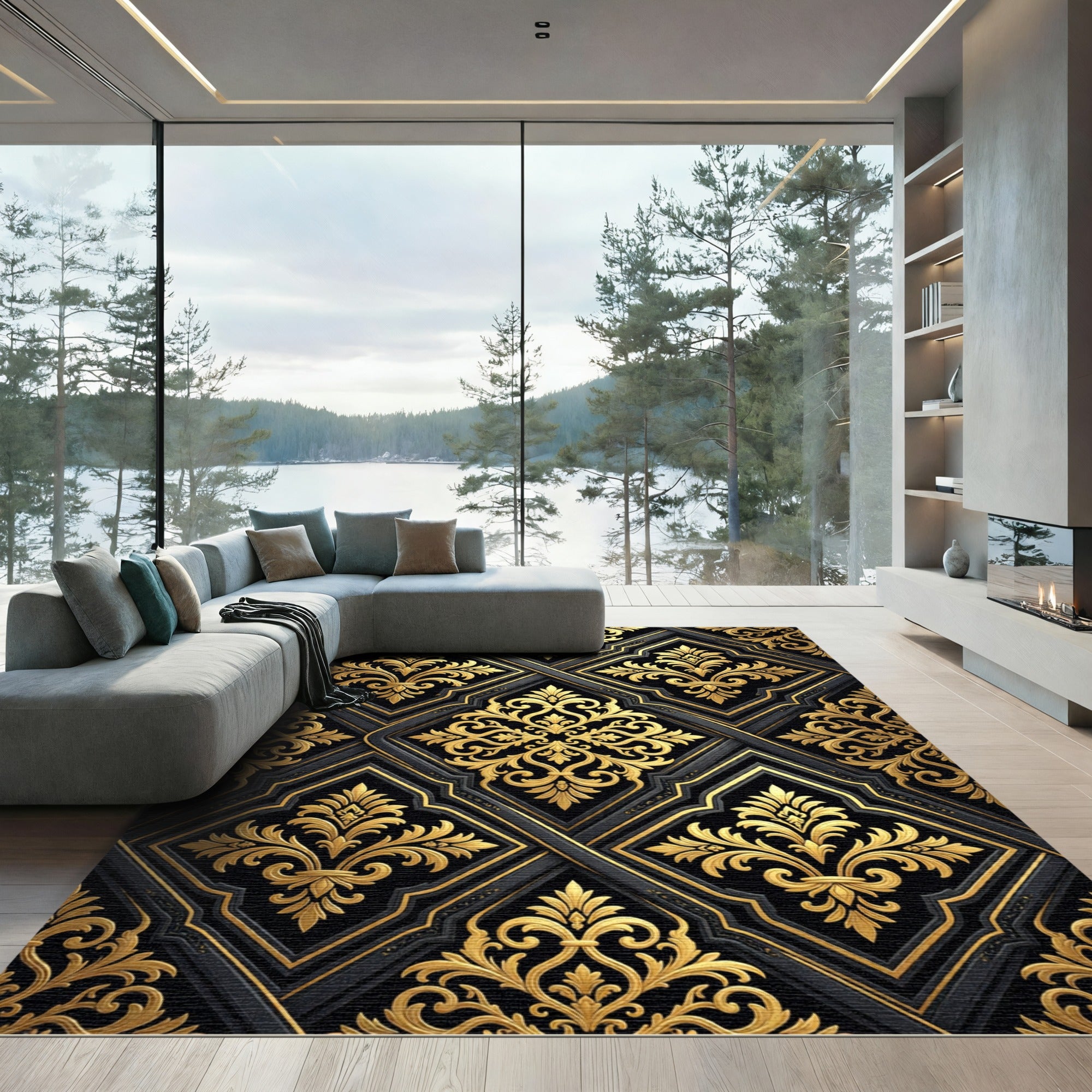 Ornate Gold Black Damask Scroll Rug
