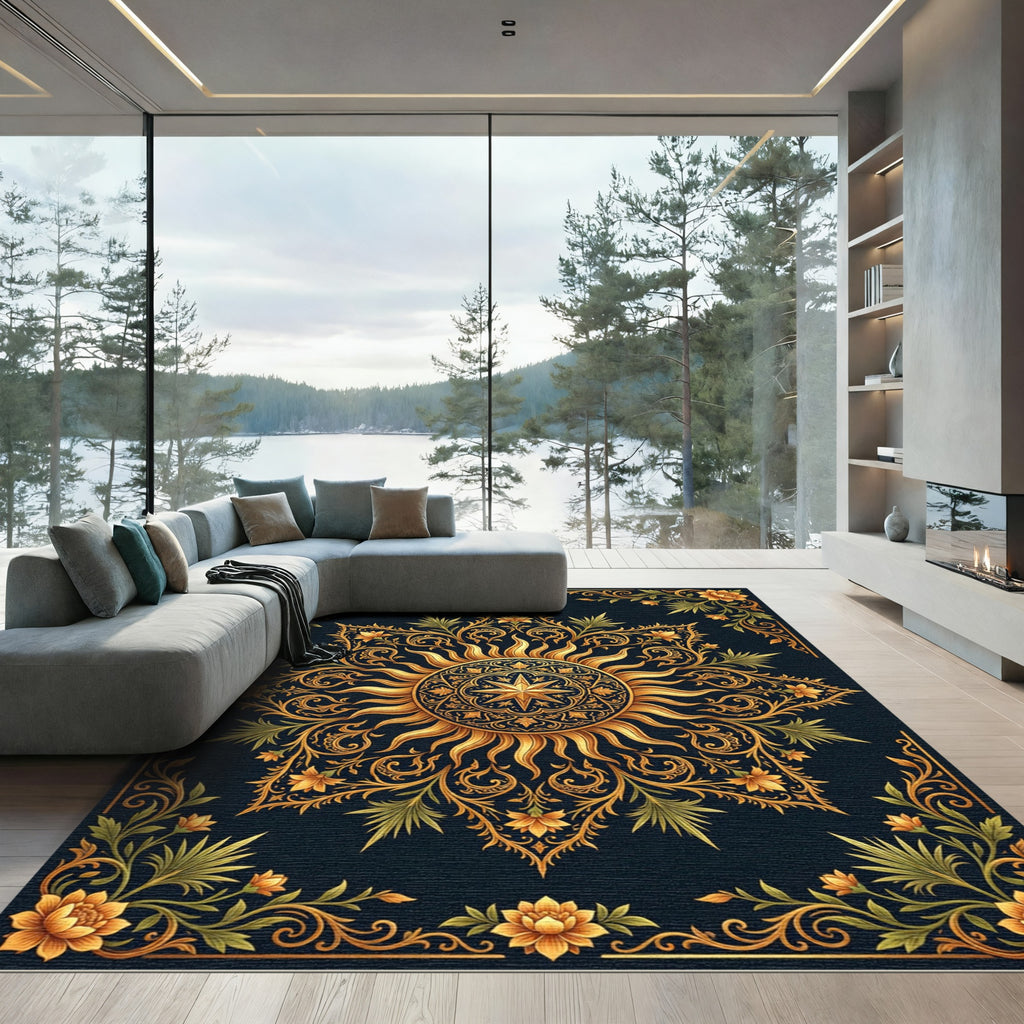 Ornate Golden Sunburst Floral Medallion Rug