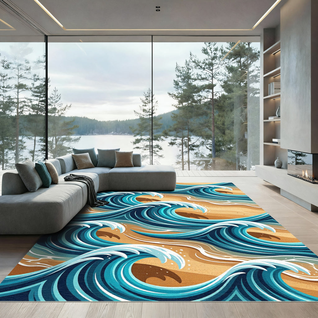 Vibrant Teal Ocean Wave Swirls Rug