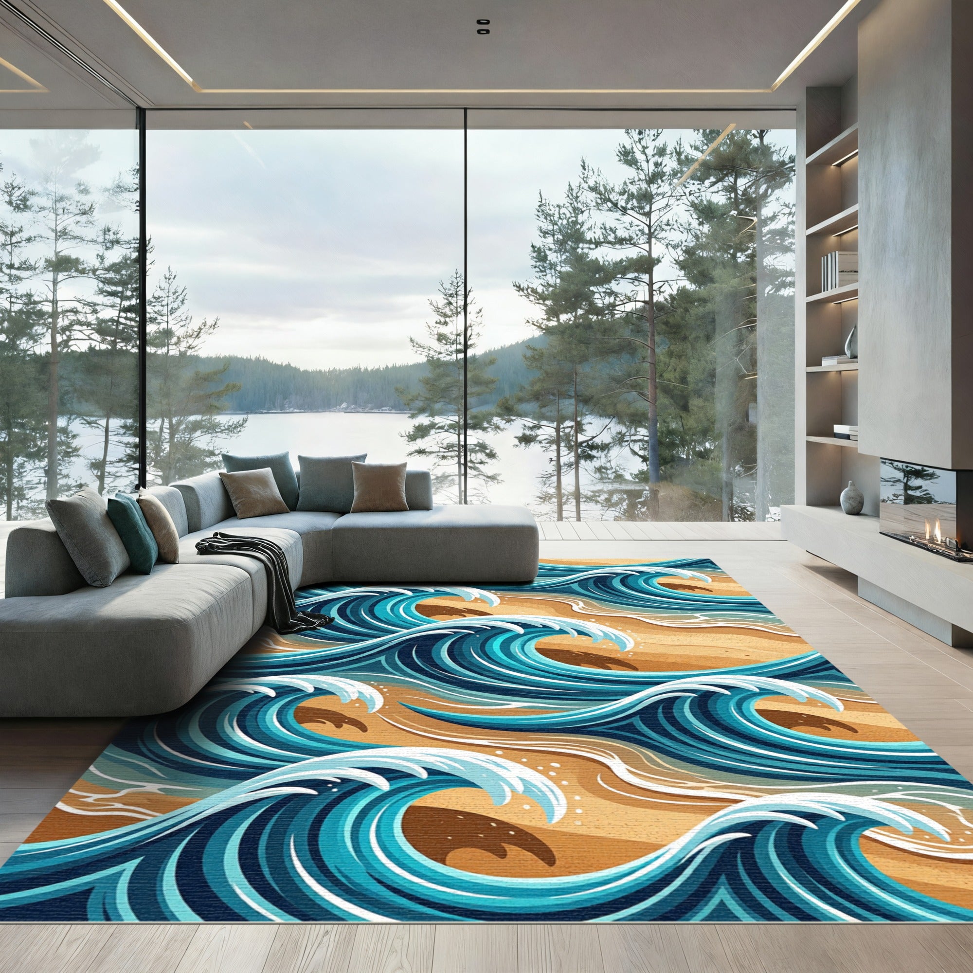 Vibrant Teal Ocean Wave Swirls Rug
