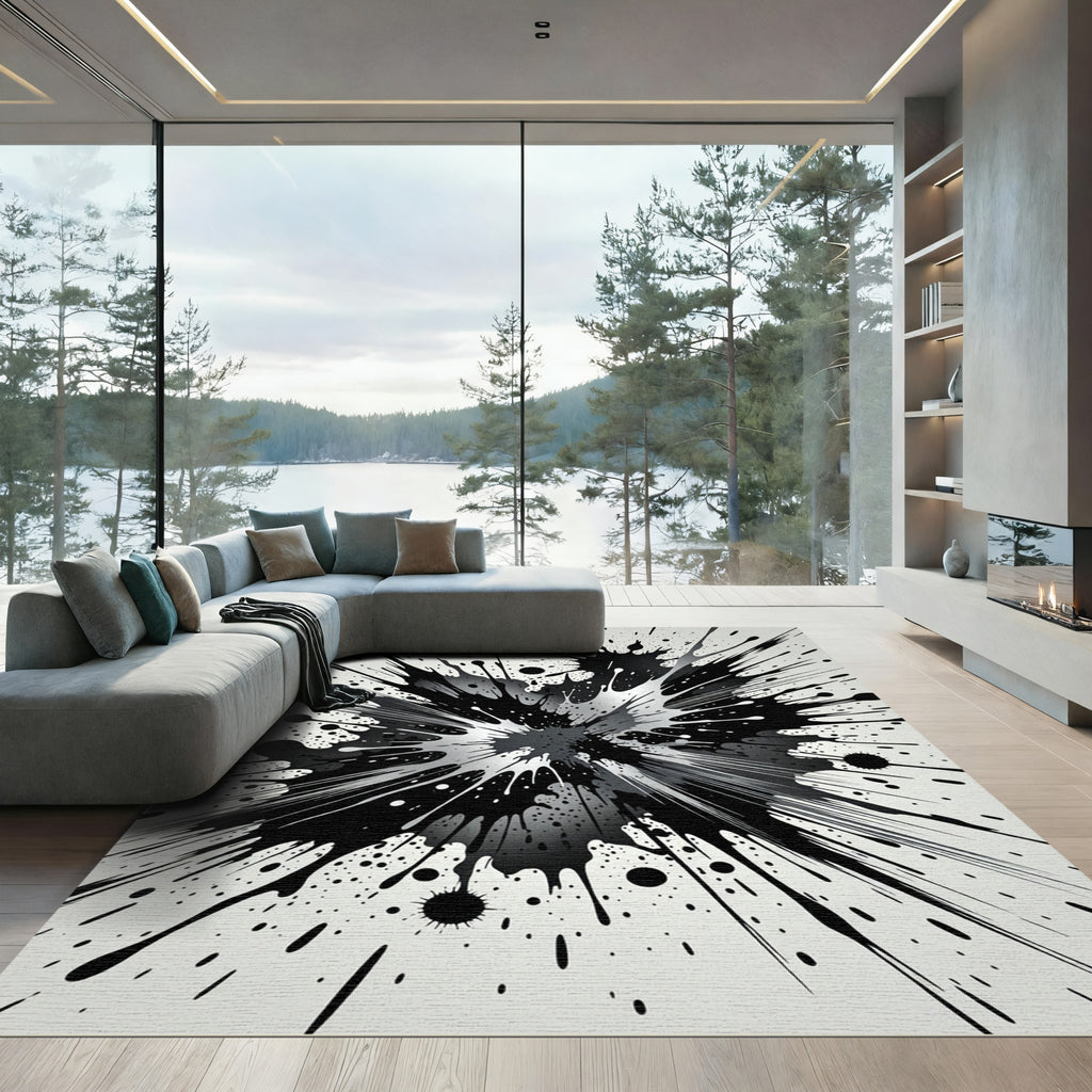 Monochrome Artistic Abstract Ink Splatter Rug