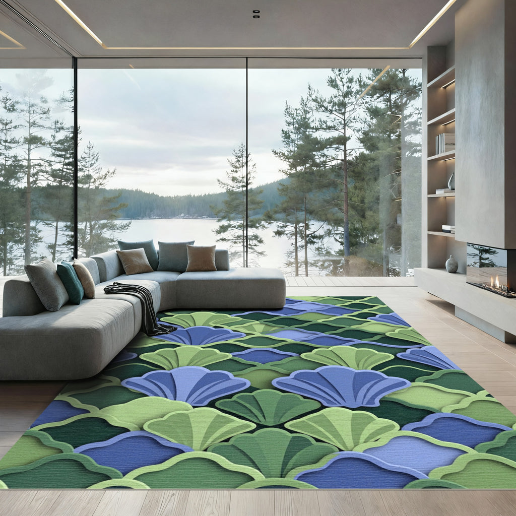 Layered Teal and Sage Scalloped Shell Rug