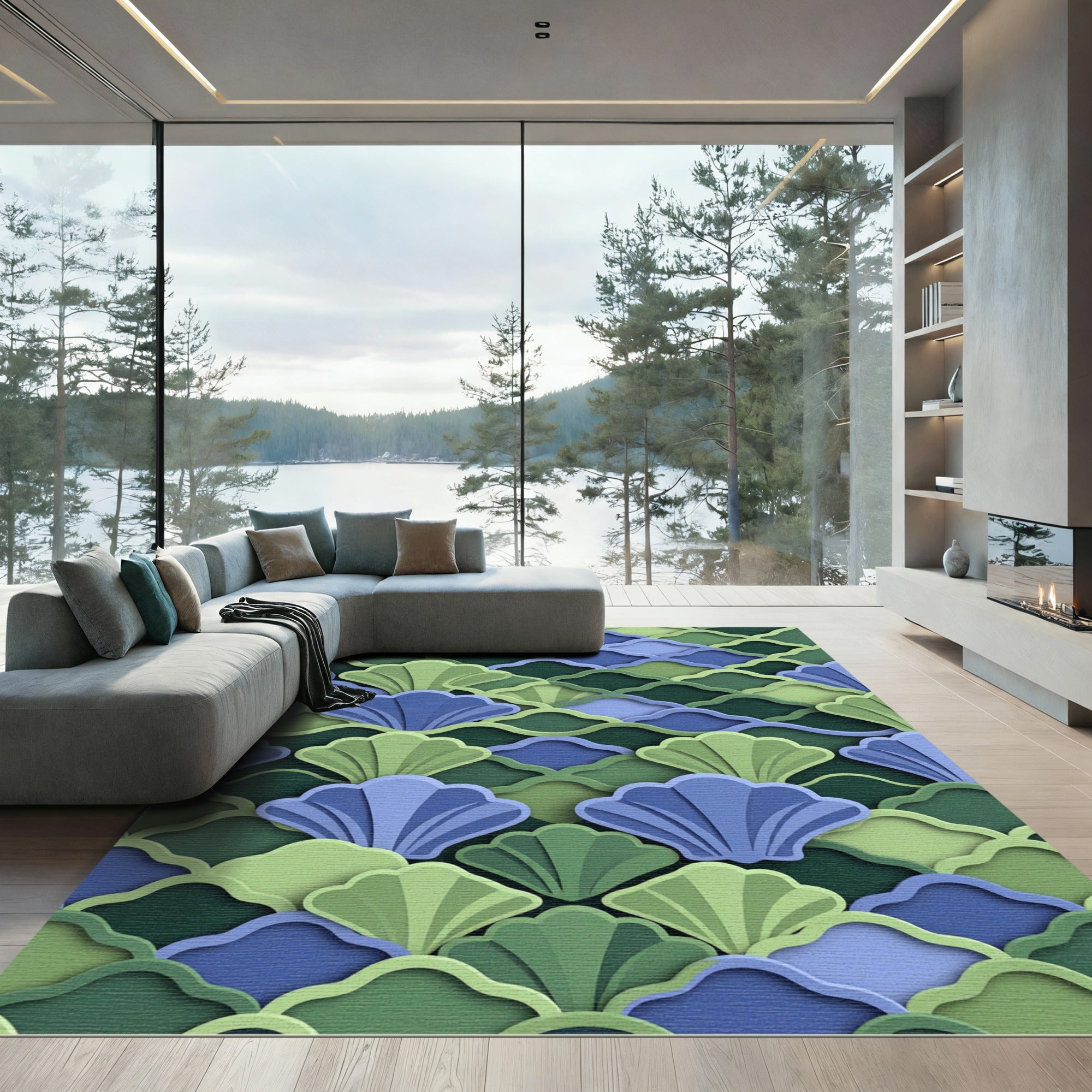 Layered Teal and Sage Scalloped Shell Rug